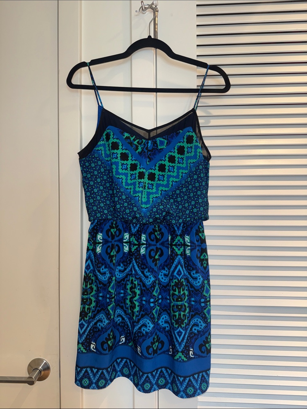 Express Blue & Green Patterned Spaghetti Strap Mini Dress